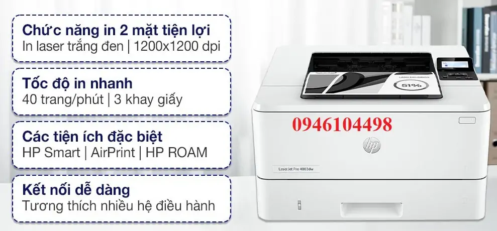 Máy In HP LaserJet Pro M4003dw Chính Hãng – In Nhanh 40 Trang/Phút, WiFi, Đảo Mặt Tự Động
